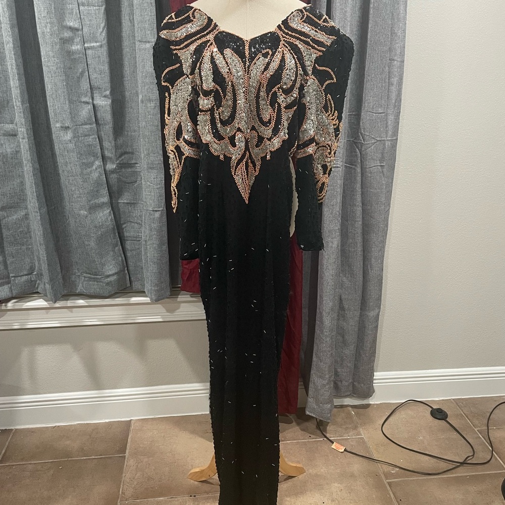 Black and Gold Embroidered Long Sleeve Gown